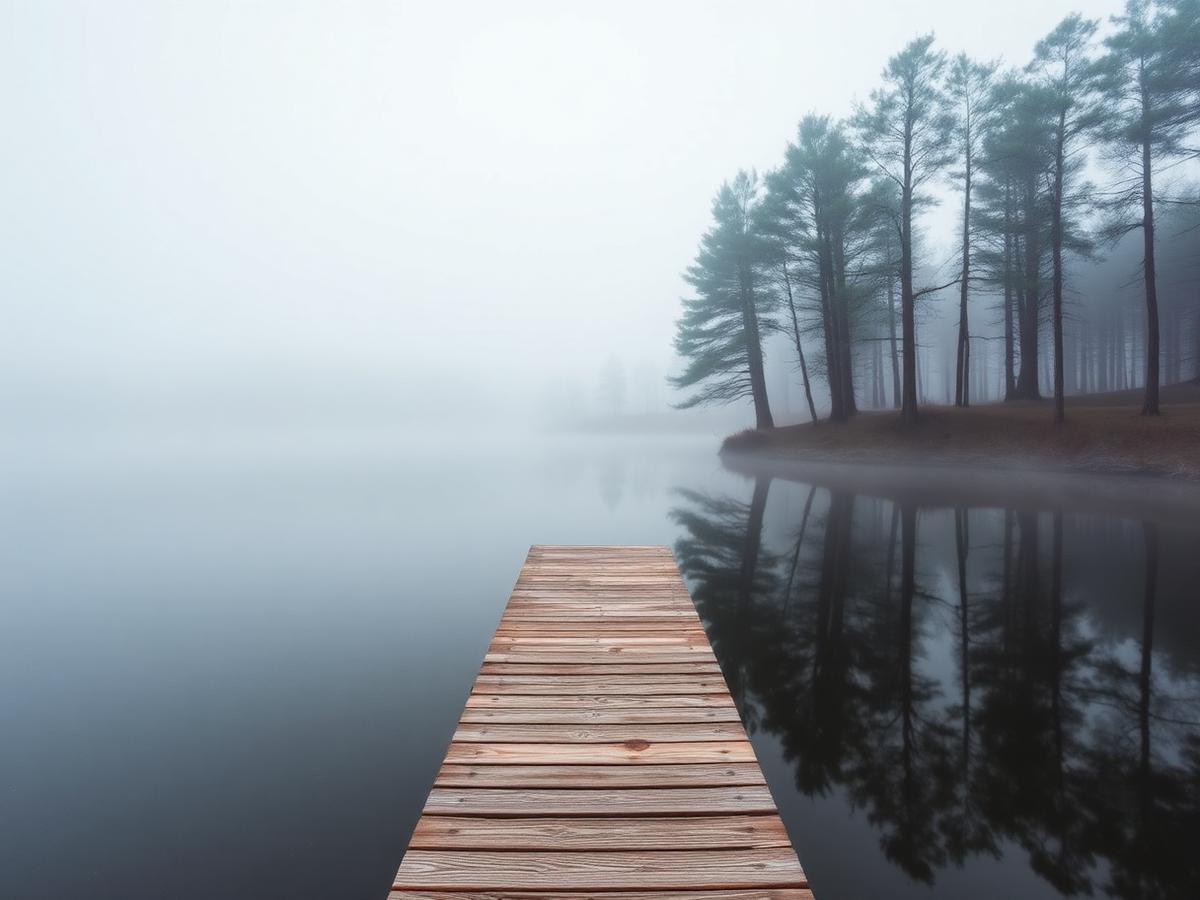 Quiet lake and pines in Medford Lakes, New Jersey on a misty morning